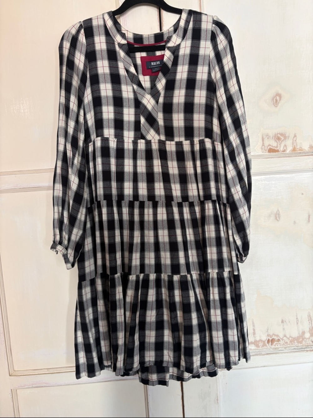 Maeve Black and White Plaid Tiered Midi Dress